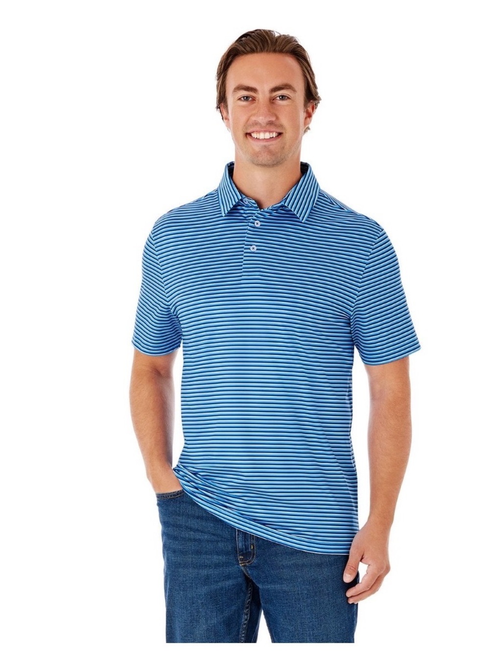 Men’s Blue Striped Polo Shirt - Short Sleeve Performance Knit